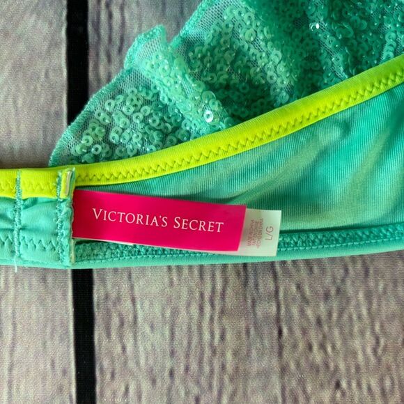 Victoria's Secret Bikini TOP Halter Aqua Green Sequins Neon Chartreuse Trim L - Picture 4 of 6